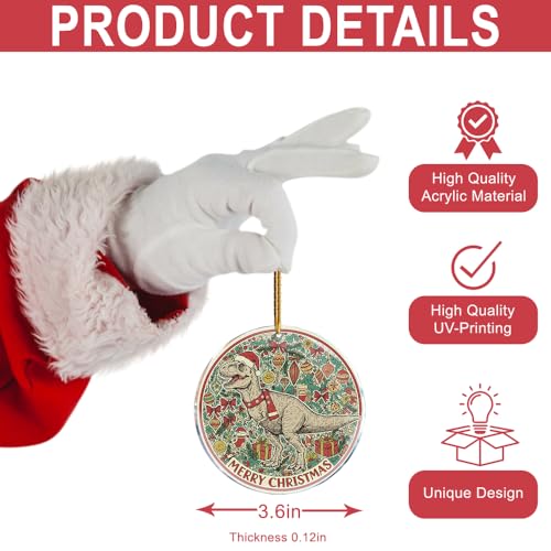 T-Rex Christmas Ornament Funny Dinosaur Acrylic Holiday Decor 3.6 in