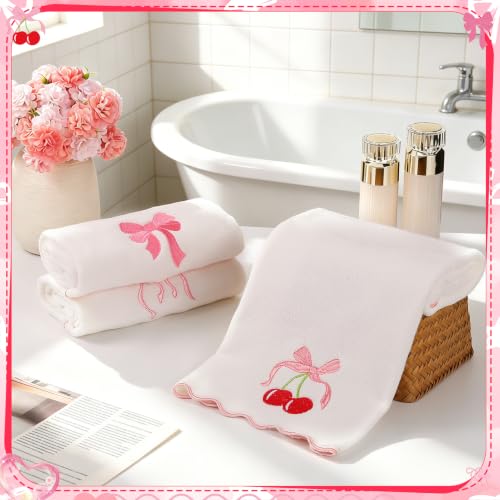 Cute 3-Piece Bow Hand Towels Set - 100% Cotton, 29.5 x 13.7 Inch