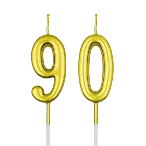Gold Number 90 Birthday Candle - Anniversary Cake Topper Decoration