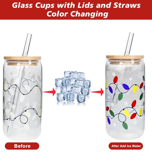 Color Changing Christmas Cup with Lids & Straws - 18oz Glass Holiday Drinkware - Variation: FL-CanGlass-Xmas