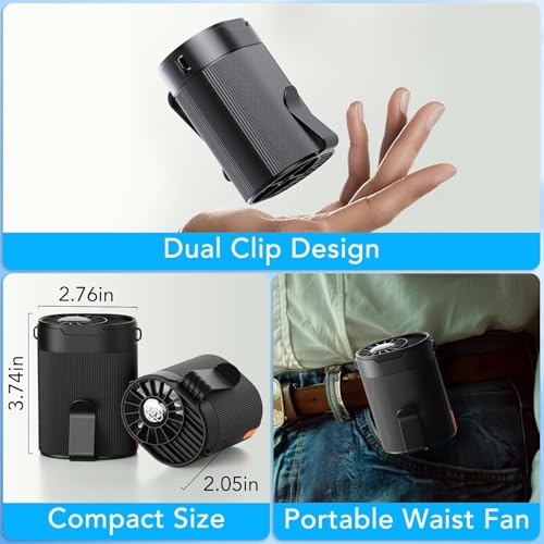 COZOME Portable Waist Fan, Rechargeable 3000mAh Clip-On Fan, Black