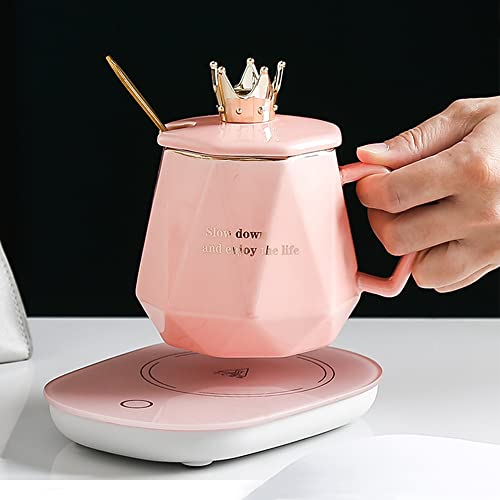 Desk Coffee Warmer with Mug Set - Electric Beverage Heat Plate for Tea Cocoa Milk Pink