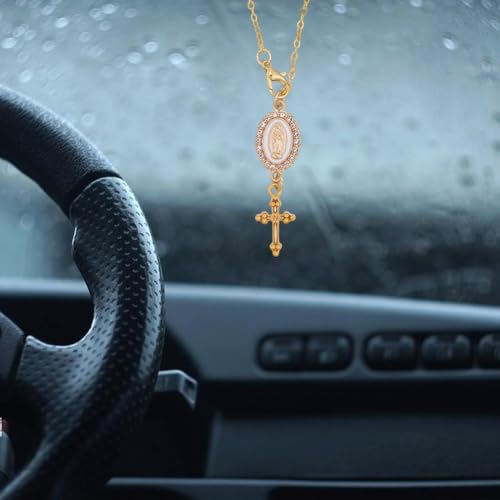 2Pcs Car Rosary Rearview Mirror Hanging Ornament Cross Charm