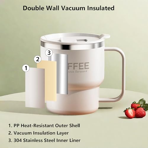 Kilimazart 12 oz Insulated Coffee Mug with Lid and Handle - Stainless Steel