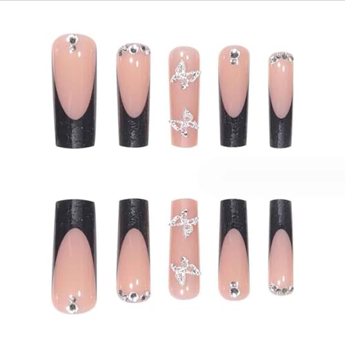 IKISKT Long Square Press On Nails Rhinestone Pink Nude False Nails