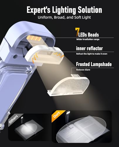 Rechargeable Book Light for Reading in Bed - Lilac 7 LEDs, Dimmable & Memory