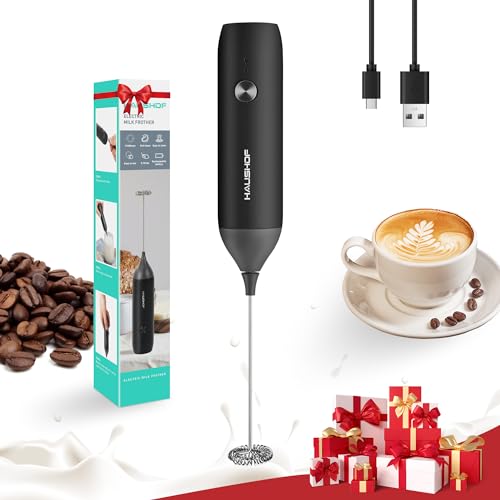 HAUSHOF Handheld Rechargeable Milk Frother - Portable Electric Whisk for Lattes & Cappuccinos