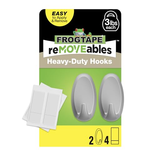 FrogTape reMOVEables Heavy Duty Wall Hooks, Brushed Nickel, 3 lb Capacity (2 Pack)