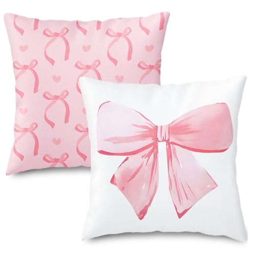 Pink Bow Pillow Covers Set - 2 Decorative 18x18 Cushion Cases