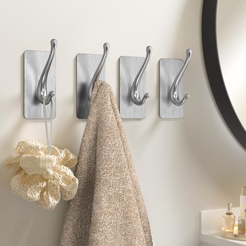 JCHOUS Adhesive Wall Hooks - Stainless Steel Towel & Utility Hooks for Bathroom, Kitchen, RV - 2 Pack