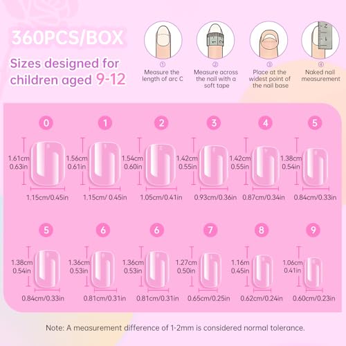 Ranrose Kids Clear Square Press on Nails - 420 Pcs Full Cover Fake Nail Tips for Girls 9-12 Years