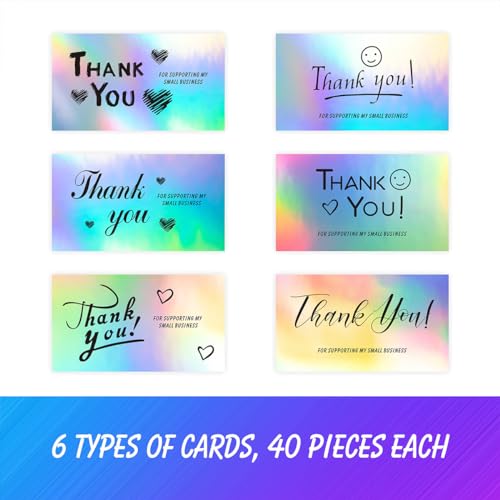 Holographic Thank You Cards Set - 240 Pcs, 6 Unique Designs