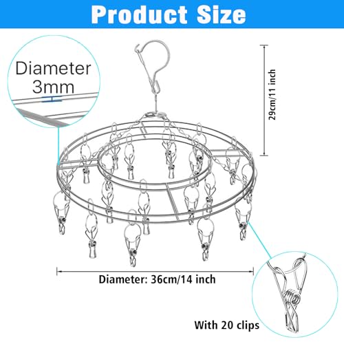 Stainless Steel Sock Drying Rack with 20 Clips, Windproof Laundry Hanger