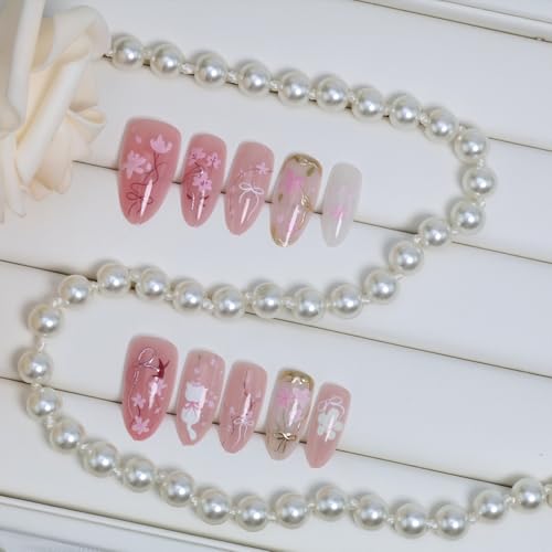 Pink Flower Press on Nails Medium Almond Cat Eye Glitter False Nails