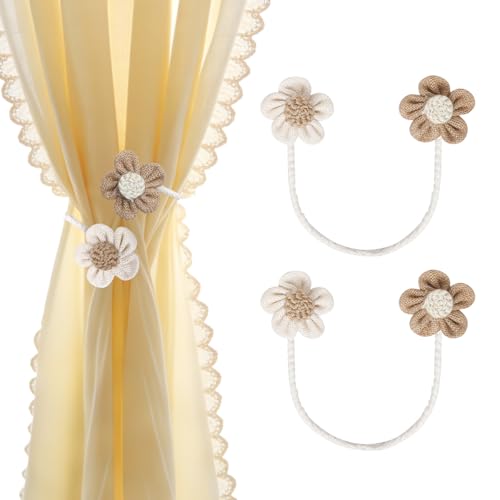 Boho Flower Curtain Tiebacks - 2Pcs Natural Linen Rope Holders