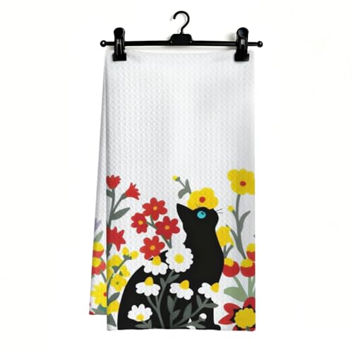 Floral Black Cat Dish Towels - 16x24 Inch Kitchen & Bathroom Decor