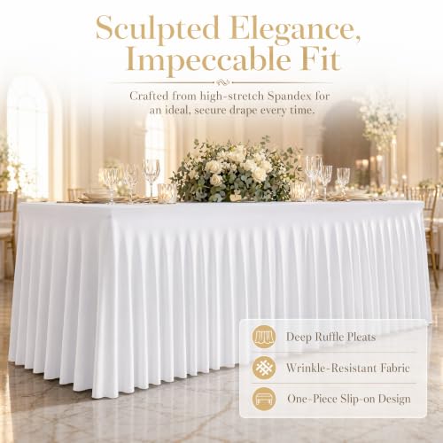 White Stretch Spandex Tablecloths 6ft Fitted with Skirt for Weddings Party Banquets