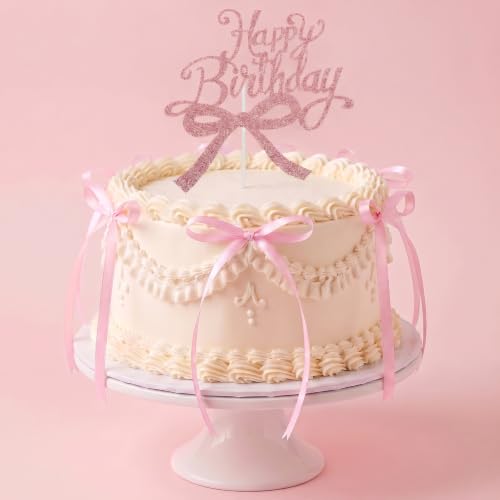 18PCS Pink Bow Cake Toppers with Happy Birthday Topper