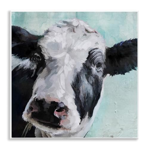 The Stupell Home D?cor Collection Gentle Farm Cow Painting on Blue Wall Plaque Art, 12 x 0.5 x 12, Multi-Color, Living Room
