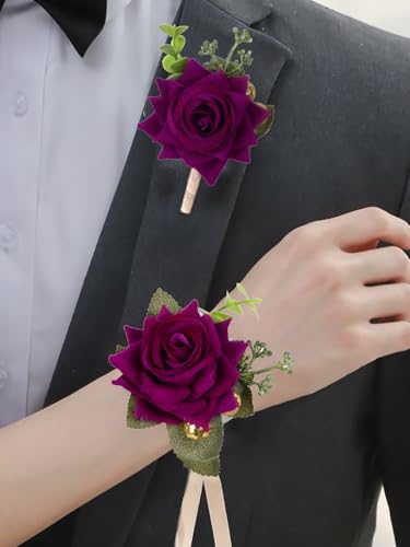 Purple Velvet Wrist Corsage & Boutonniere Set for Weddings