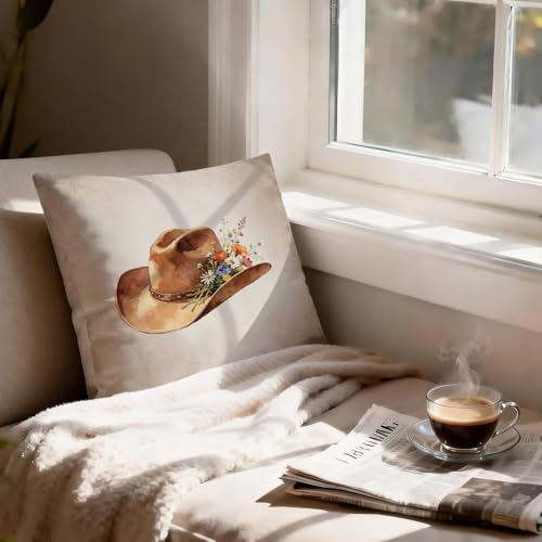 Floral Western Cowboy Hat Pillow Cover 18x18 - Cozy Decor