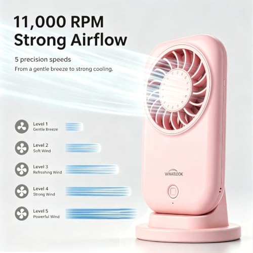 WHATOOK Pink Mini Fan - Portable 5-Speed Handheld USB Fan