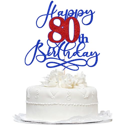 80th Birthday Cake Topper - Deep Blue & Red Glitter Party Decoration
