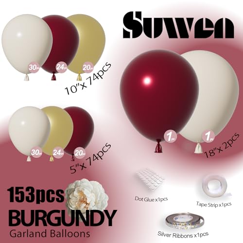 Burgundy Balloon Garland Arch Kit - 153Pcs with Gold Accents