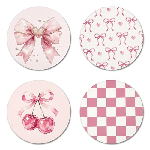 Pink Ceramic Coasters Set of 4 with Bow & Cherry, Absorbent Cork Backing, Home & Kitchen Decor