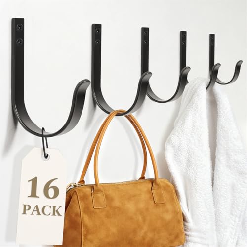 Heavy Duty Black Wall Hooks - 16 Pack for Coats, Towels & Bags