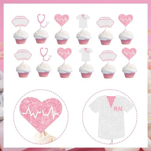24-Piece Pink Nurse Graduation Cake Toppers Set - Stethoscope & Cap
