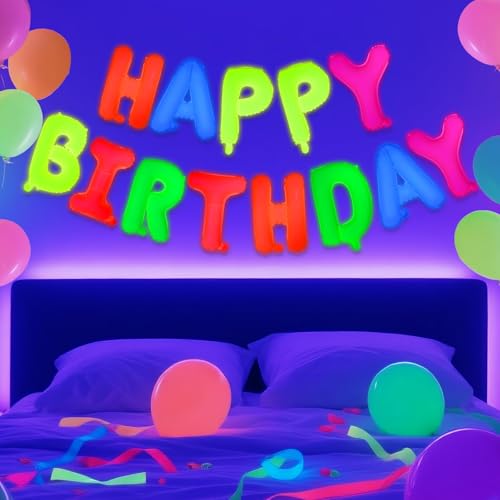 Glow in the Dark Happy Birthday Balloons - 16 Inch Neon Party Decor