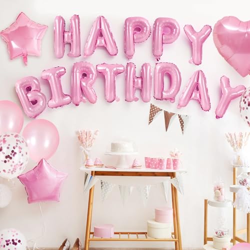 Pink Happy Birthday Banner & Star Balloons Set - 30pcs