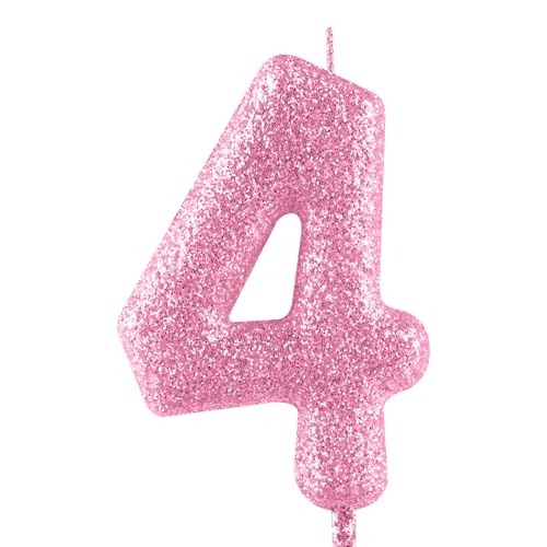 Glitter Pink Number 4 Birthday Candle Cake Topper for Girls Party