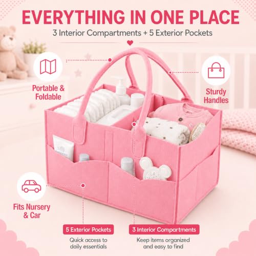 PandaEar Portable Baby Diaper Caddy Organizer - Light Pink