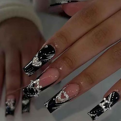 IKISKT Long Square Press on Nails Glossy Black & Pink Rhinestone 3D Fake Nails