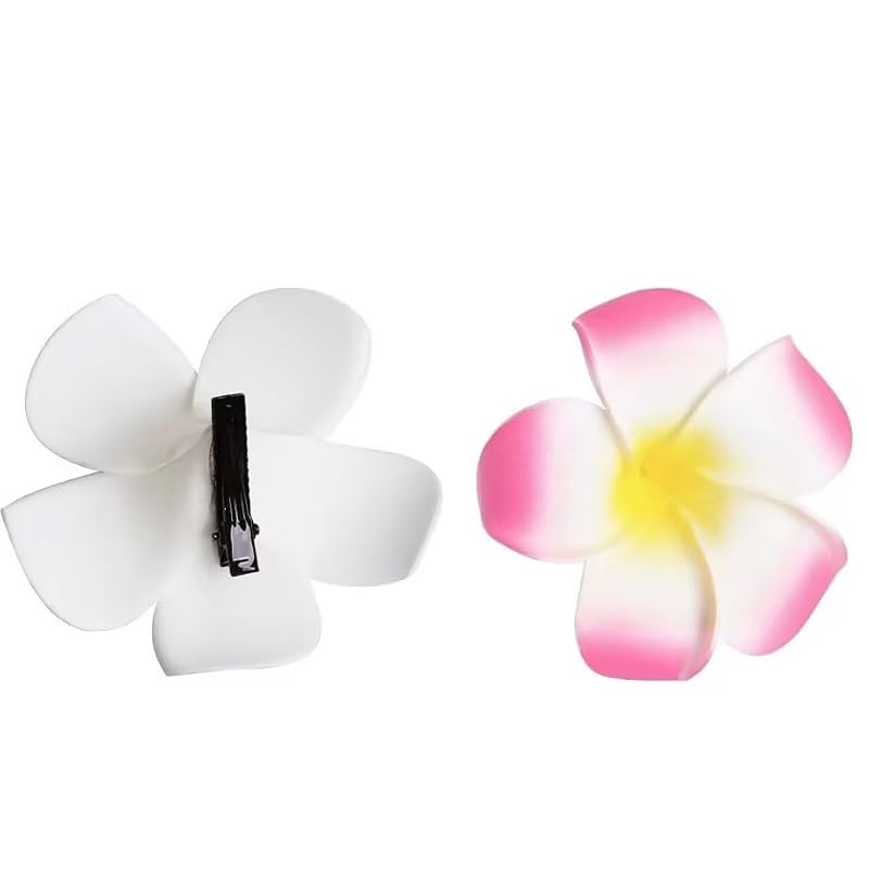 4 Pcs Hawaiian Plumeria Flower Hair Clips 7cm White and Pink Foam