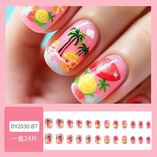 Short Square Palm Tree Press on Nails Glossy Summer Tropical Acrylic Nails