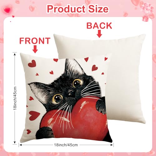 OTOSTAR Valentine's Day Decorative Pillow Covers Set of 2 - 18x18 Inch Red Heart Black Cat