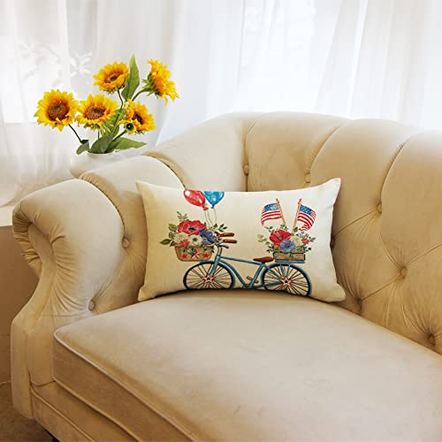 4th of July American Flag Bicycle Throw Pillow Cover, 12x20 Inch Patriotic