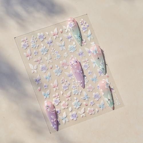 LIFOOST 5D Embossed Flower Nail Stickers Butterfly Floral Manicure Decals