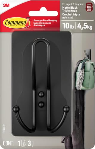 Command X-Large Matte Black Triple Hook, Damage-Free Wall Hook (Pack of 8)