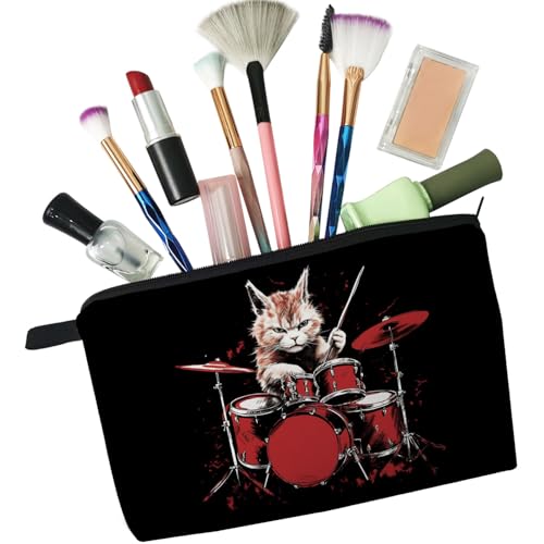 Cat Drummer Cute Makeup Bag Padded Cosmetic Organizer Zipper Pouch