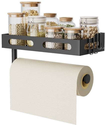 Wall Mount Paper Towel Holder with Shelf and Hooks - Matte Black