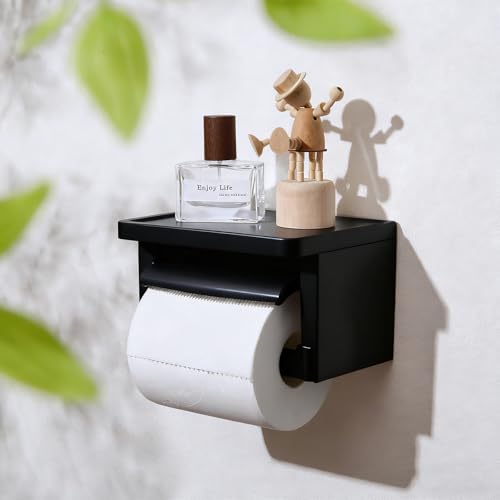Matte Black Toilet Paper Holder with Shelf and Cutting Function