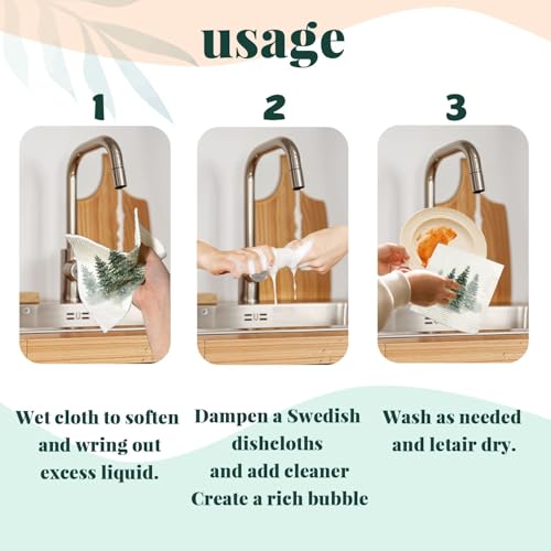 Christmas Pine Tree Swedish Dishcloths for Kitchen - Reusable & Washable 4 Pack - Christmas Tree Variation