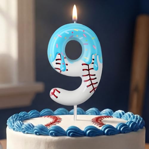 Number 9 Baseball Birthday Candle - Blue Ice Cream Drip Cake Topper