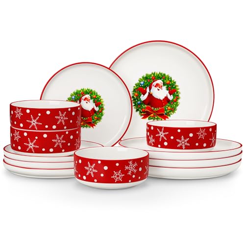 Santa Claus Christmas Dinnerware Set - 12 Pieces Porcelain Plates & Bowls for 4