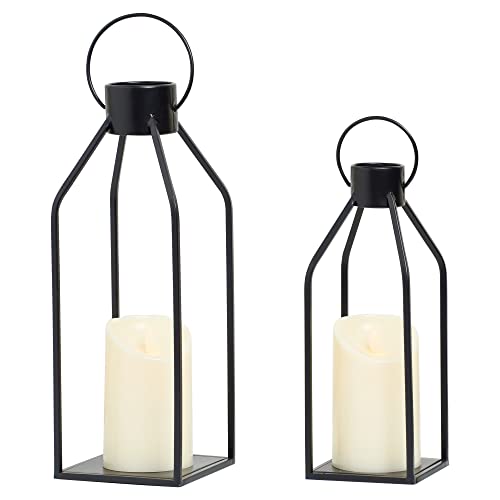 15-Inch and 12-Inch Black Metal Lanterns with Flickering LED Candles - Farmhouse Decor Set