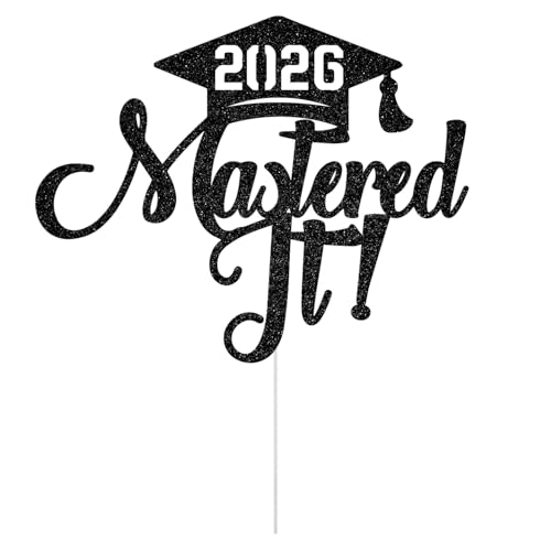 2026 Graduation Cake Topper - Happy Masters Degree in Black Glitter